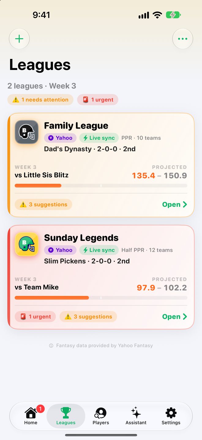Leagues tab with two connected Yahoo leagues and projections